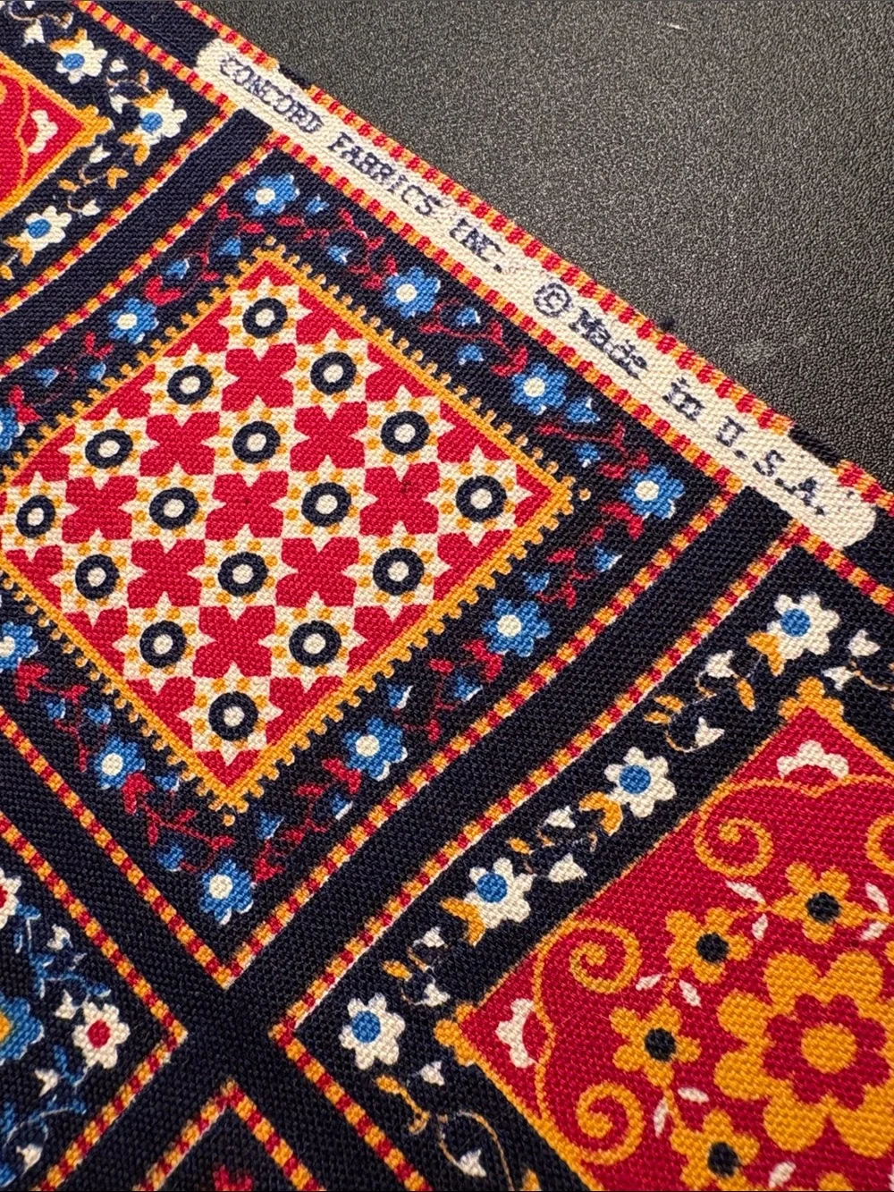 Vintage Concord Fabrics Patterned Decorative Fabric Panel Navy, Red & Yellow VV